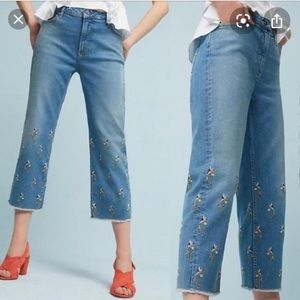 Anthro- embroidered flower cropped jeans